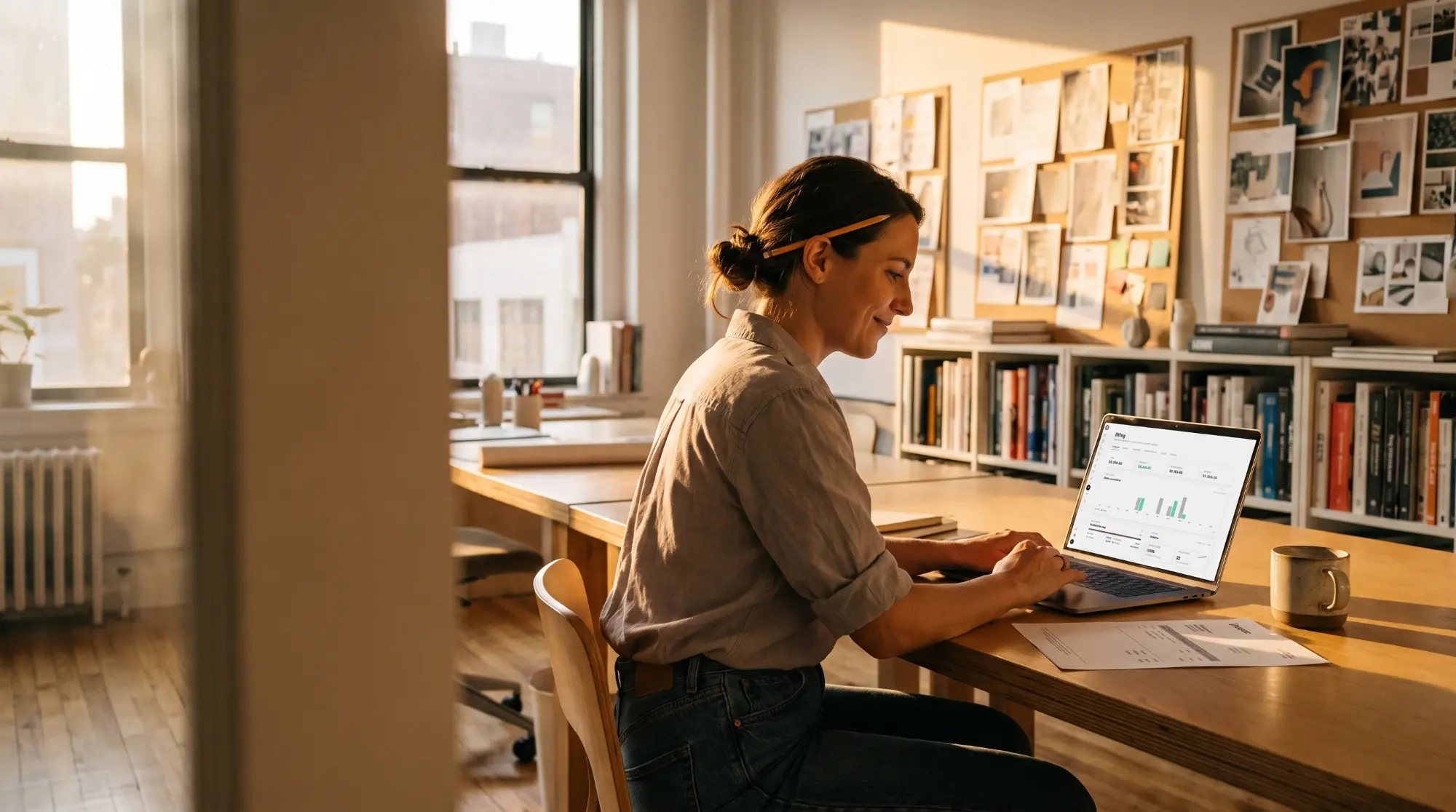 A designer at a studio desk reviewing an UpRush board on her laptop